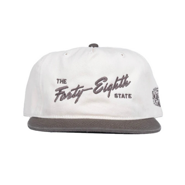 Front view of State Forty Eight Snapback Hat in Natural & Walnut featuring "The Forty Eighth State" embroidered patch on a structured crown