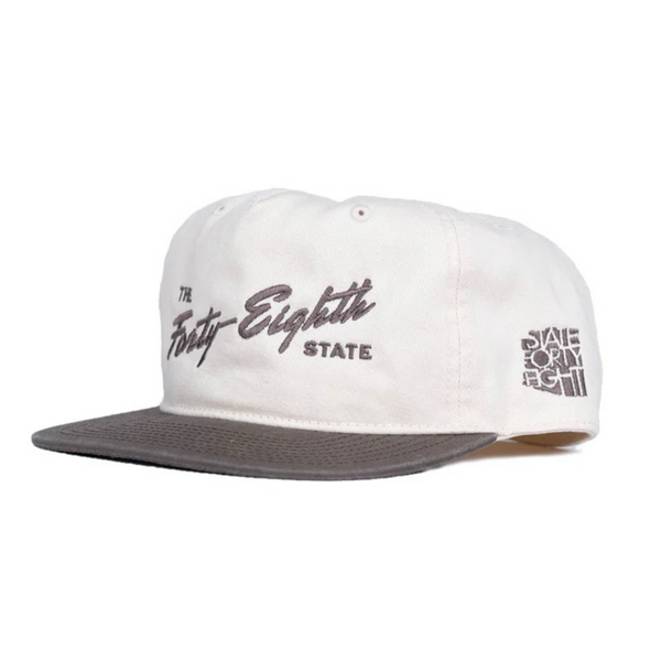 Side view of The Forty Eighth State Snapback in Natural & Walnut showing contrasting walnut brim and breathable mesh back