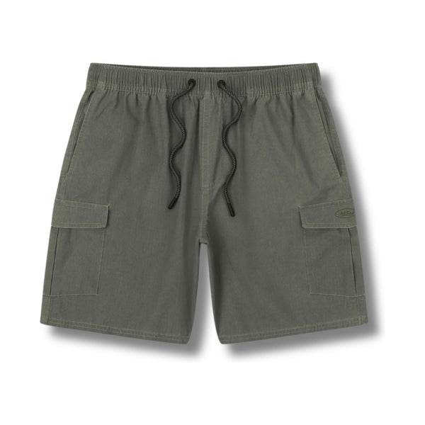 Front view of Jetty Tautog Cargo Short in olive featuring a relaxed fit, utility pockets, and button closure