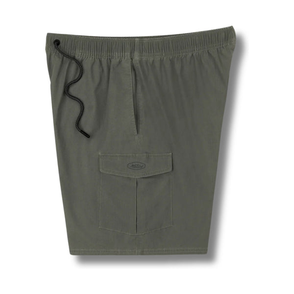 Side view of Jetty Tautog Cargo Short in olive showing large side cargo pocket and durable stitching