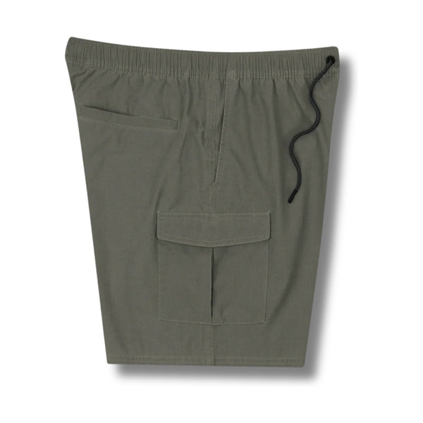 Side view of Jetty Tautog Cargo Short in olive showing large side cargo pocket and durable stitching