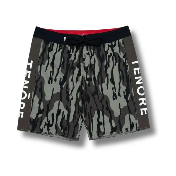 Front view of Tenore Team Boardshort 18.5" in Green Oak Camo featuring a fixed waistband with drawstring and all-over camo print