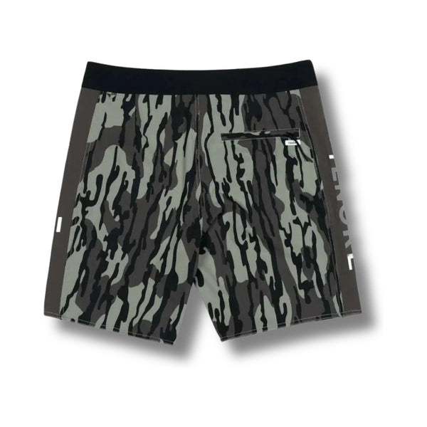 Back view of Tenore Team Boardshort in Green Oak Camo with a single rear pocket and streamlined silhouette