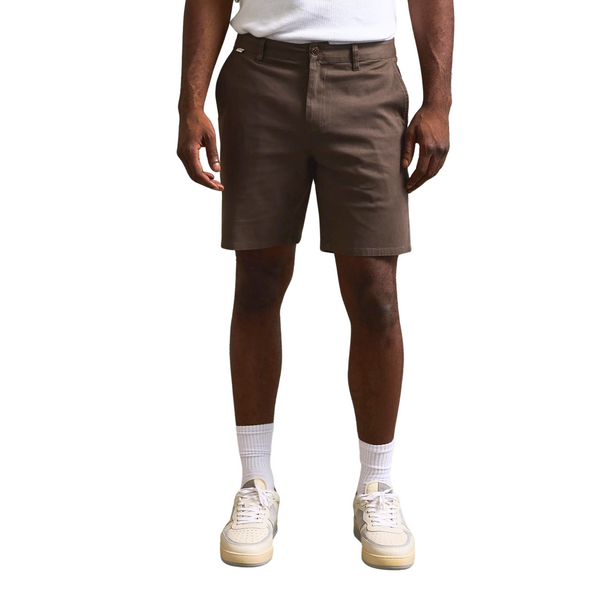 Front view of Tenore Bedford Chino Short in Bark featuring a classic tailored fit, zip fly, and front slash pockets