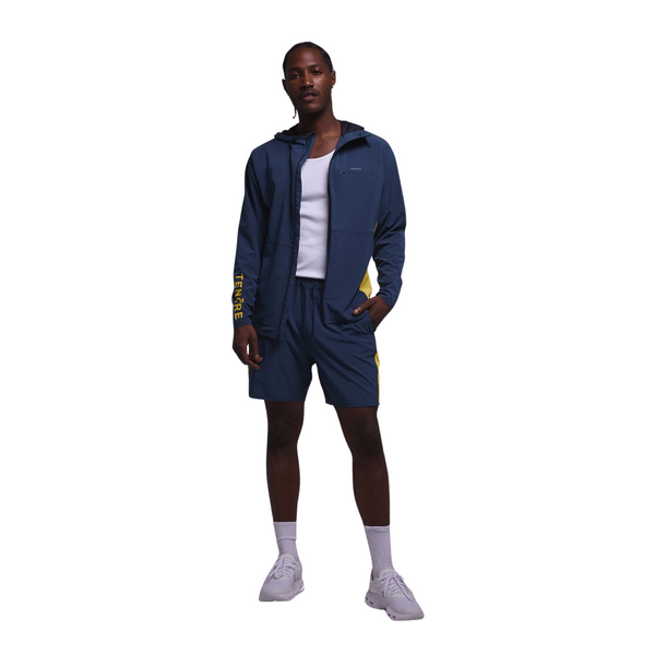 Front view of Tenore Flow Team Short in navy featuring a tailored athletic fit, elastic waistband with drawstring, and lightweight performance fabric