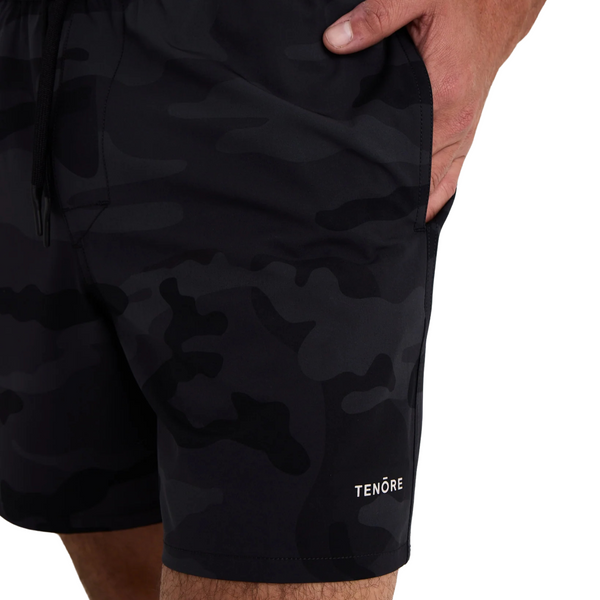 Close-up of black camo fabric texture, waistband stitching, and drawstring on the Tenore Print Day Short 6"