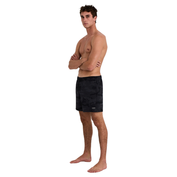 Side view of Tenore Print Day Short 6" in Black Camo showing mid-thigh length and lightweight, flexible fabric for active comfort