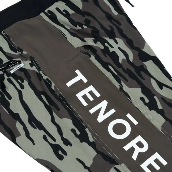Close-up of camo fabric, drawstring waistband, and stitching details on the Tenore Team Boardshort 18.5" in Green Oak Camo