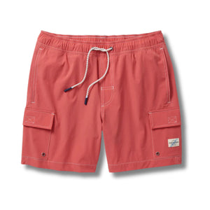 Flat lay of Fair Harbor Breaker Short in Washed Red showcasing soft performance fabric, elastic waistband, and inner lining