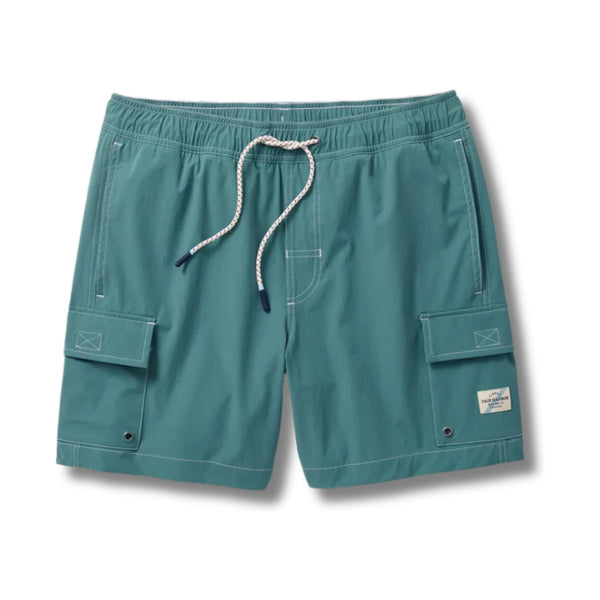 Flat lay of Fair Harbor Breaker Short in Seapine showcasing elastic waistband, drawstring closure, and clean stitching