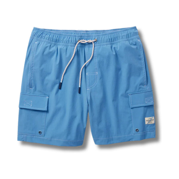 Flat lay of Fair Harbor Breaker Short in Wave Blue showcasing drawstring waistband, performance fabric, and clean stitching