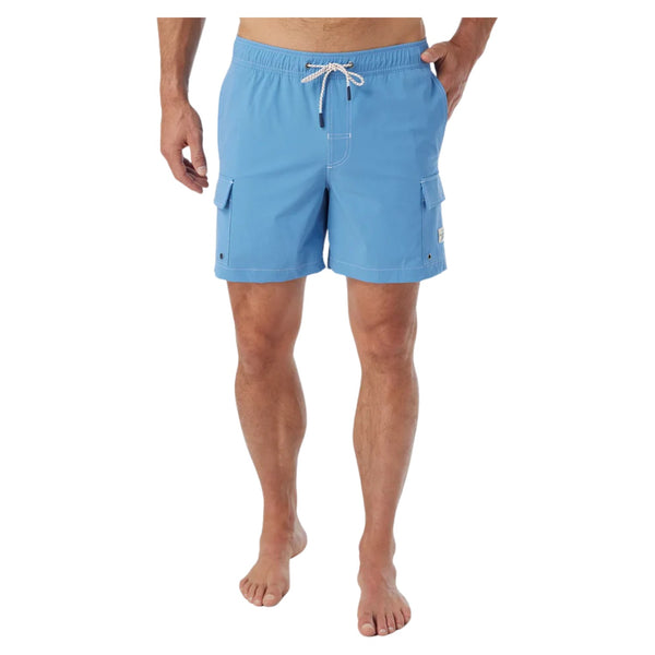 Front view of Fair Harbor Breaker Short in Wave Blue featuring an elastic drawstring waistband, tailored fit, and water-ready fabric