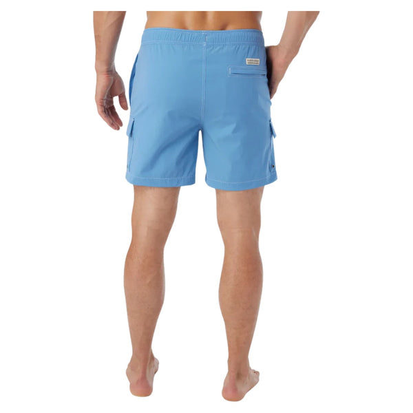 Back view of Fair Harbor Breaker Short in Wave Blue with back pocket and subtle branding