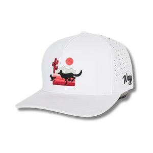 Front view of Waggle The Chase Hat featuring an embroidered golfer being chased by a bear, displayed on a structured five-panel crown with a curved brim