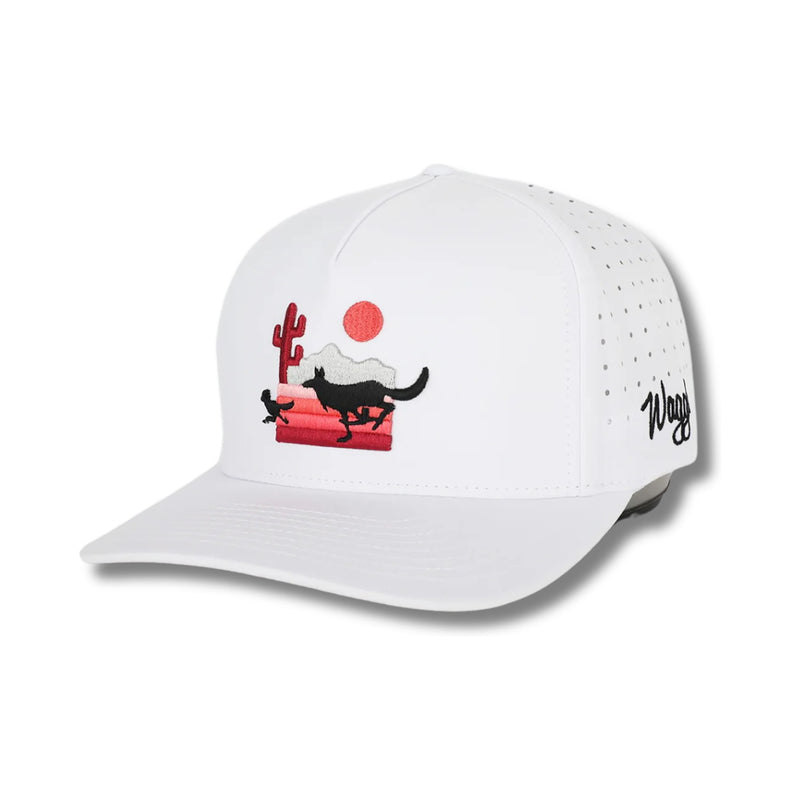 Front view of Waggle The Chase Hat featuring an embroidered golfer being chased by a bear, displayed on a structured five-panel crown with a curved brim