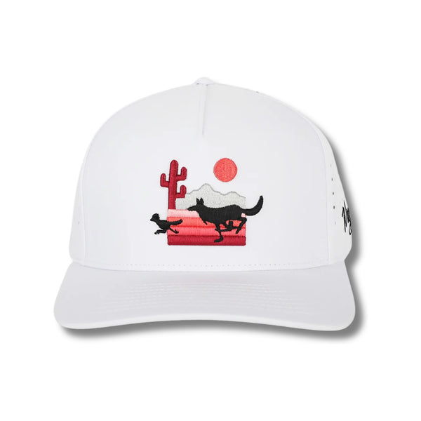 Front view of Waggle The Chase Hat featuring an embroidered golfer being chased by a bear, displayed on a structured five-panel crown with a curved brim