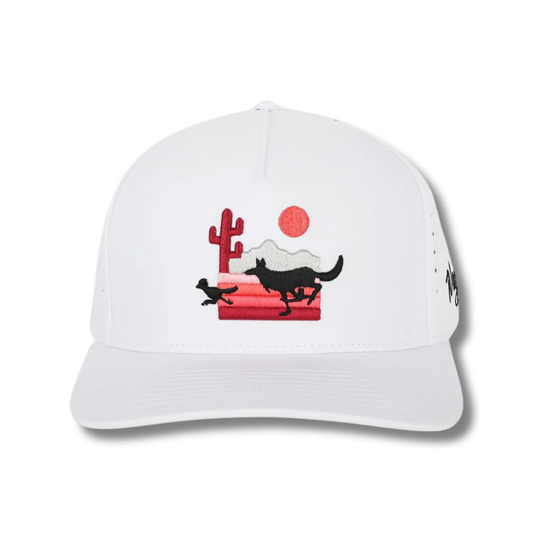 Front view of Waggle The Chase Hat featuring an embroidered golfer being chased by a bear, displayed on a structured five-panel crown with a curved brim