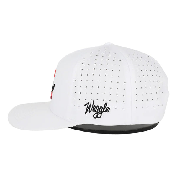 Side view of Waggle The Chase Hat showing mid-profile fit, breathable mesh back panels, and curved visor