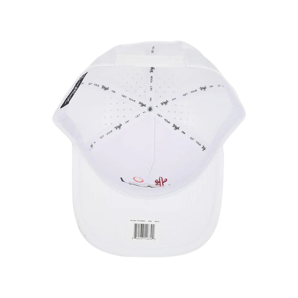 Flat lay of Waggle The Chase Hat highlighting the embroidered bear chase scene on the front and perforated mesh back