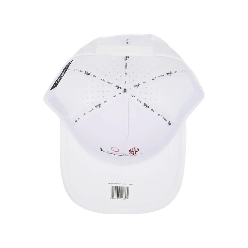 Flat lay of Waggle The Chase Hat highlighting the embroidered bear chase scene on the front and perforated mesh back