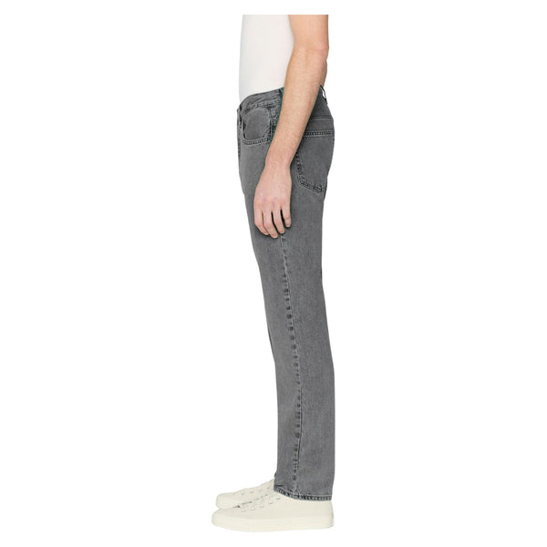 Side view of Frame The Straight Jean in Bonair Grey with classic five-pocket styling on model – Rooster