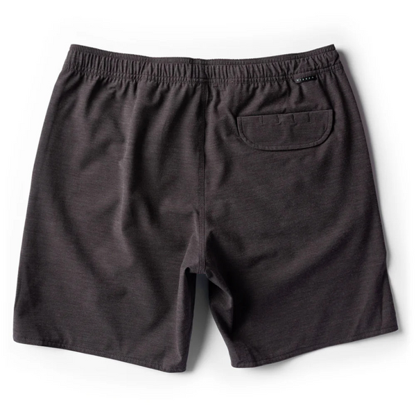 Back view of Vissla Solid Sets 17.5" Boardshort in Black with single rear patch pocket and clean, minimalist design