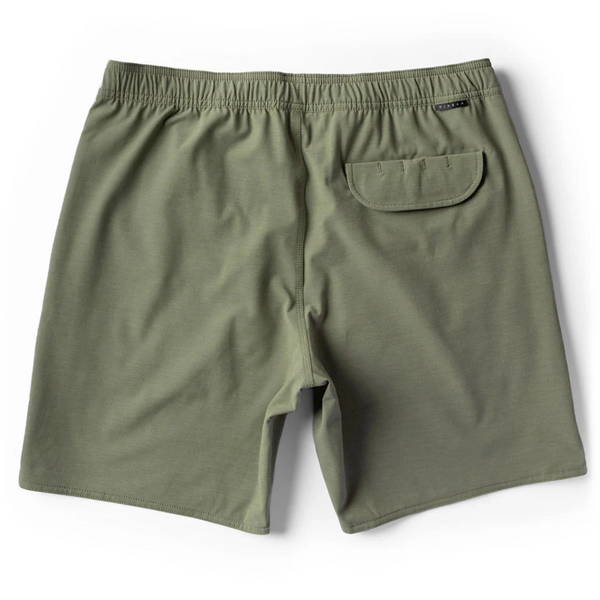 Back view of Vissla Solid Sets 17.5" Boardshort in Surplus with single back patch pocket and tonal stitching