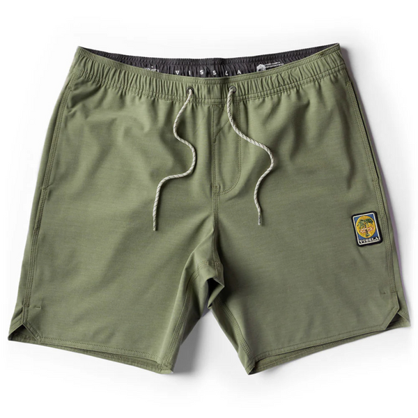Flat lay of Vissla Solid Sets Ecolastic Boardshort in Surplus highlighting the drawstring waist, 17.5" inseam, and durable, sustainable construction
