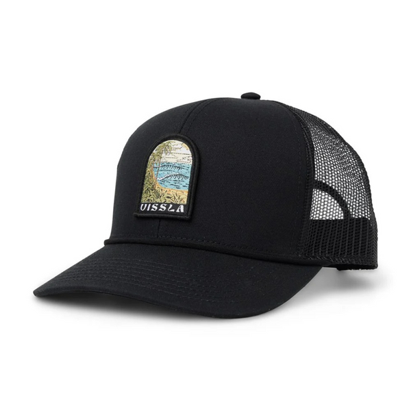 Front view of Vissla West Winds Eco Trucker Hat in Phantom featuring an embroidered Vissla patch on a structured crown with a curved brim