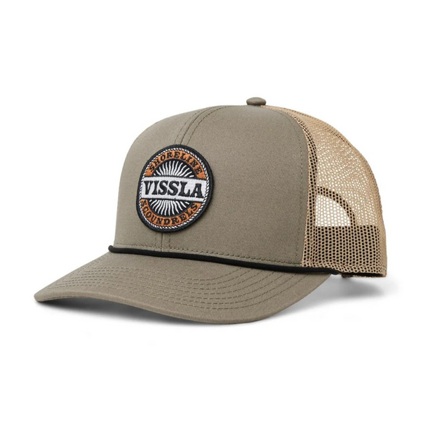 Front view of Vissla West Winds Eco Trucker Hat in Surplus green featuring an embroidered Vissla patch on a structured front panel with a curved brim