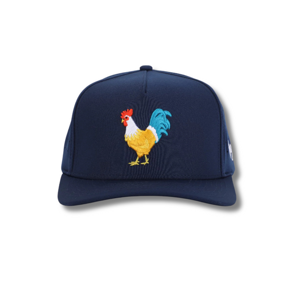 Front view of Waggle Feelin' Cocky Hat in Navy featuring an embroidered rooster swinging a golf club on a structured five-panel crown