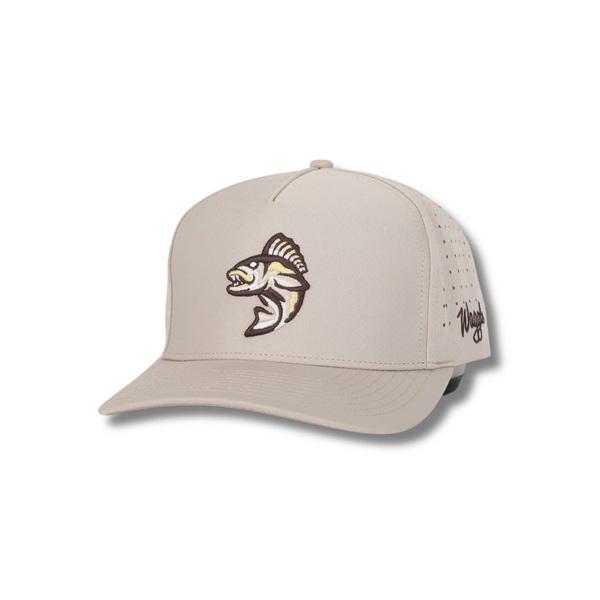 Front view of Waggle Wally Hat in Tan featuring an embroidered gopher popping out of a golf hole on a structured five-panel crown with curved brim