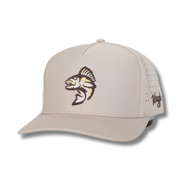 Front view of Waggle Wally Hat in Tan featuring an embroidered gopher popping out of a golf hole on a structured five-panel crown with curved brim