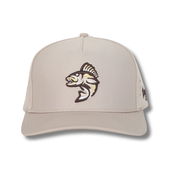 Front view of Waggle Wally Hat in Tan featuring an embroidered gopher popping out of a golf hole on a structured five-panel crown with curved brim