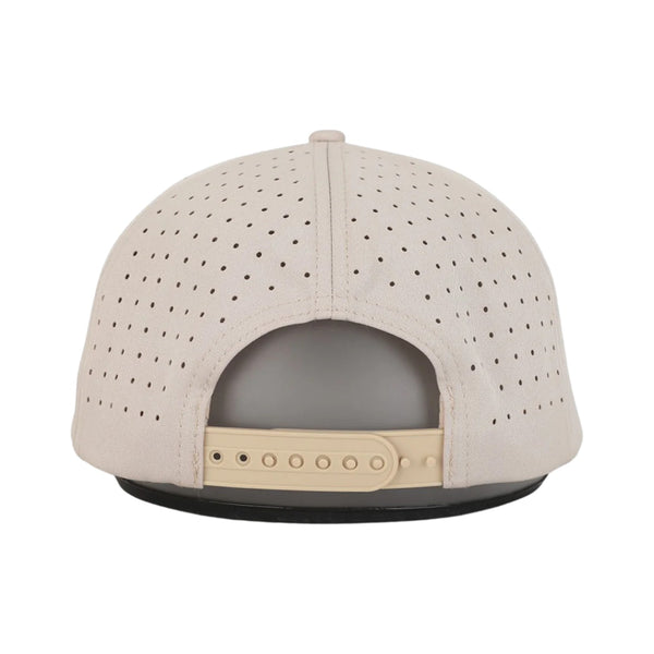 Back view of Waggle Wally Hat in Tan with adjustable snapback closure and ventilated perforated mesh back