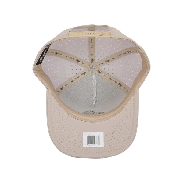 Flat lay of Waggle Wally Hat in Tan highlighting embroidered gopher golf graphic, moisture-wicking fabric, and clean structured crown