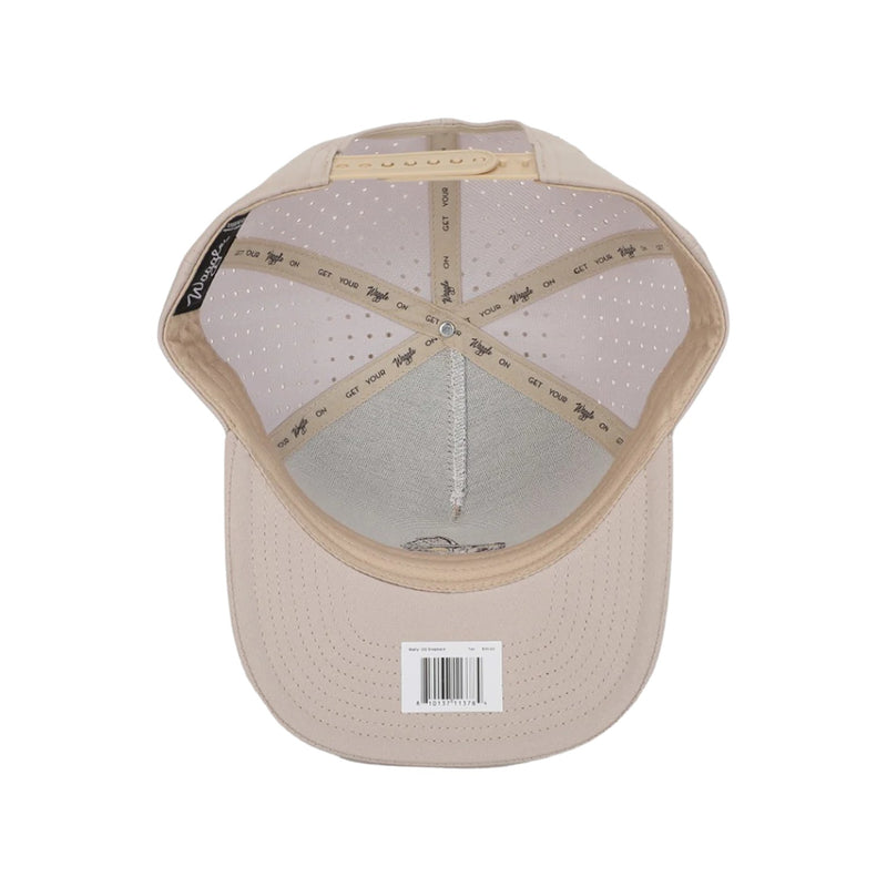 Flat lay of Waggle Wally Hat in Tan highlighting embroidered gopher golf graphic, moisture-wicking fabric, and clean structured crown